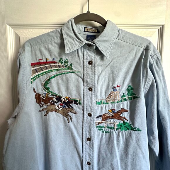 Vintage Ruff Hewn Men's Medium DIY Derby Horse Race Embroidered Denim Shirt - Picture 6 of 9